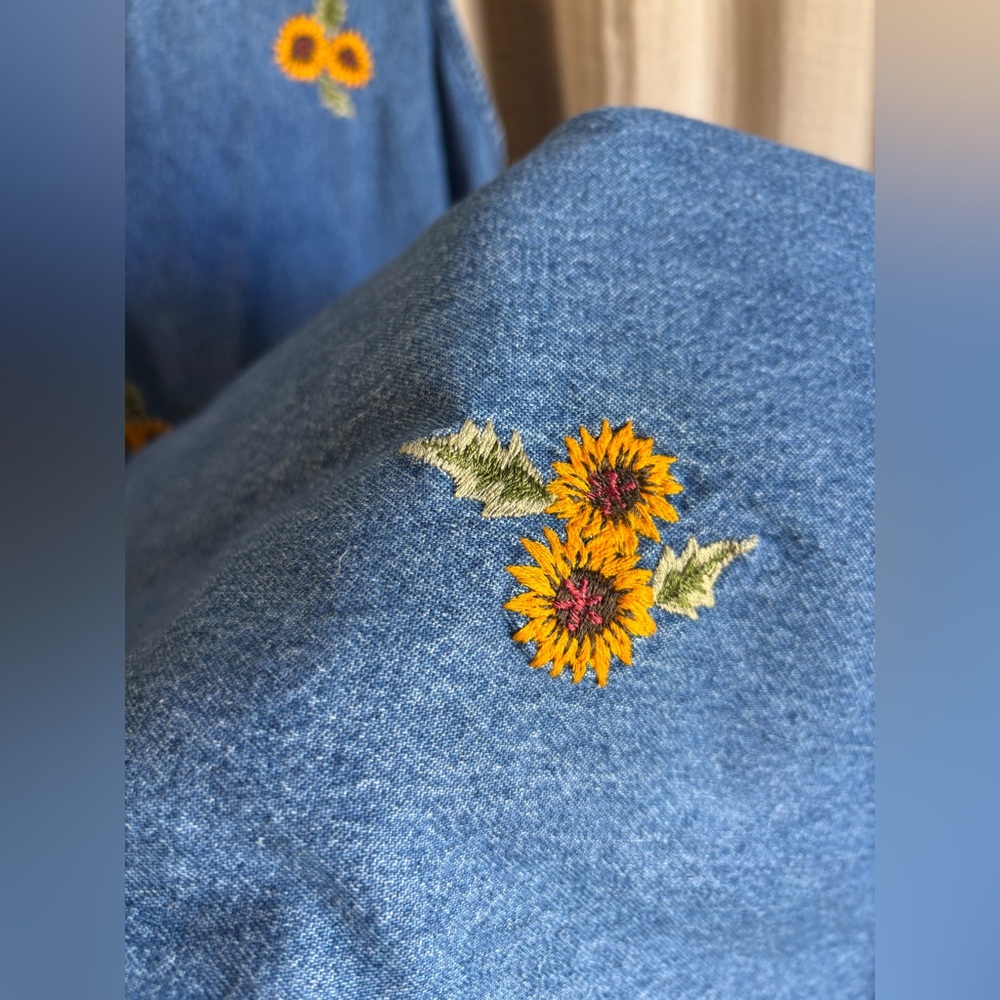 Denim Maxi Dress with Sunflower Embroidery - Blue - Picture 5 of 8